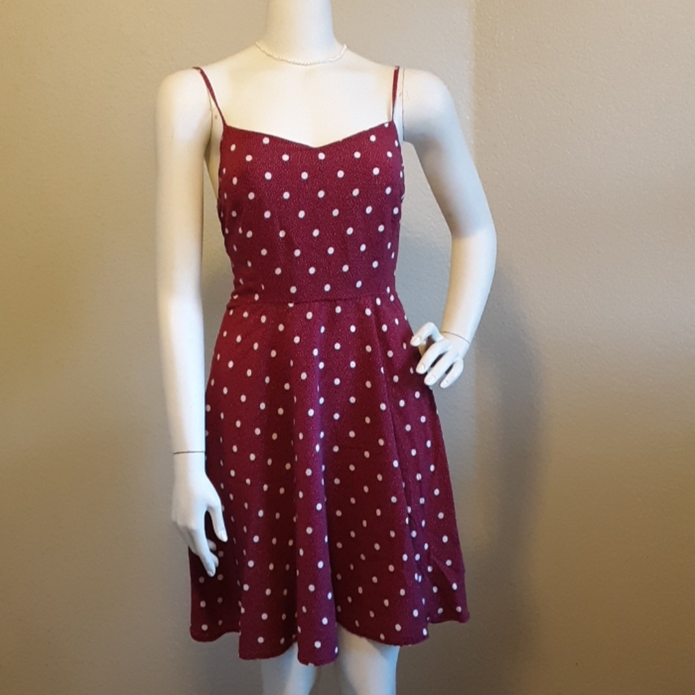 Dark red white polka dot summer sun dress